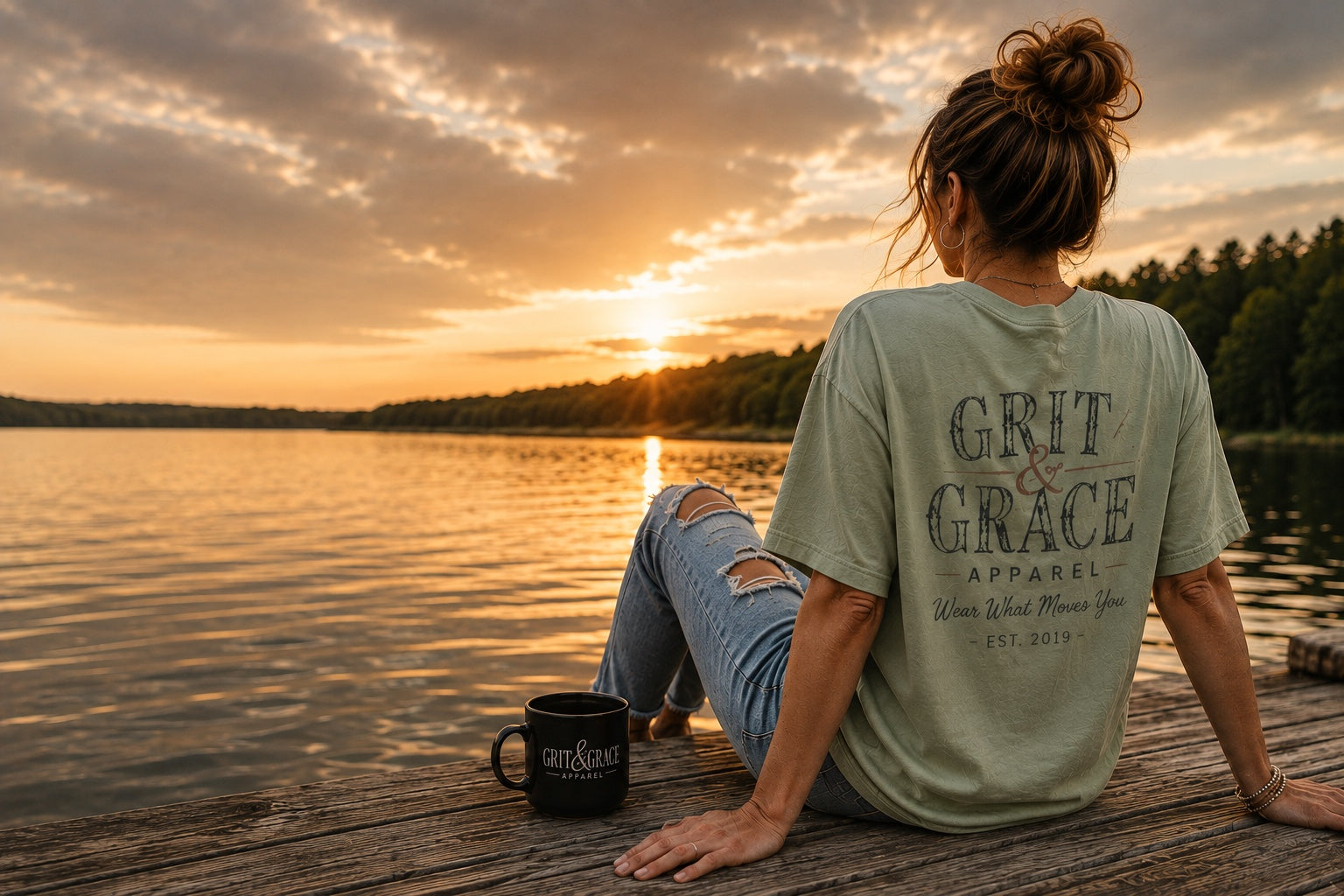Woman wearing a Grit & Grace tee sitting beside a peaceful lake at sunset